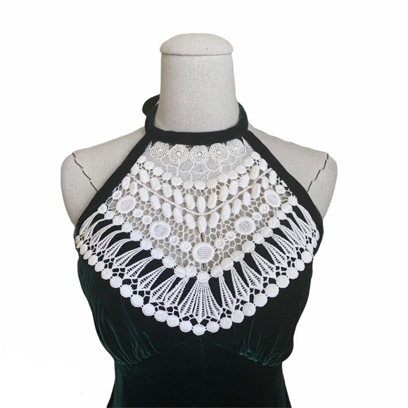 Vintage 60s 70s Green Velvet Halter Crochet Lace Bib Maxi Dress Gunne Goth - Picture 2 of 12